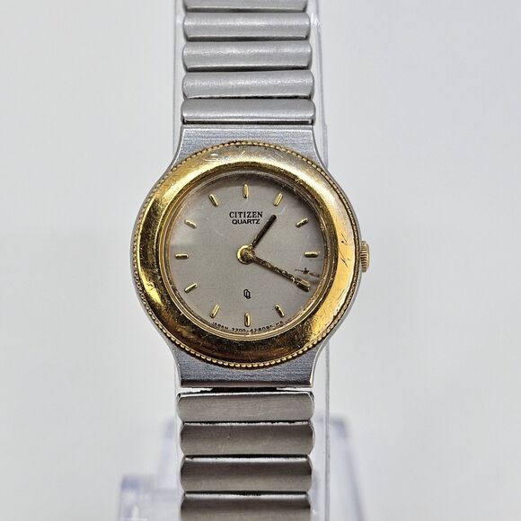 Citizen Women's Watch 22MM Gray Dial Gold Bezel Gray Bands 7.25" New Battery - Picture 2 of 14